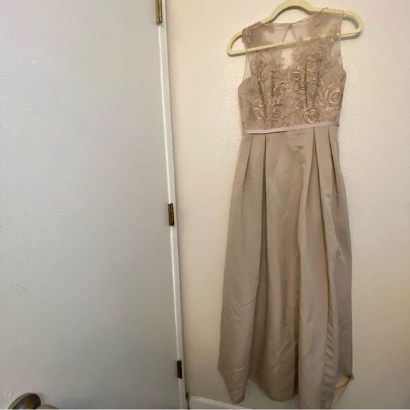 OLEG CASSINI beige biscotti illusion lace formal dress bridesmaid wedding gown 4 - Picture 2 of 16
